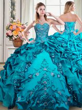  Sweetheart Sleeveless Sweet 16 Dresses Floor Length Beading and Embroidery and Pick Ups Teal Organza and Taffeta