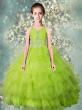  Organza Halter Top Sleeveless Zipper Beading and Ruffled Layers Little Girl Pageant Dress in Yellow Green