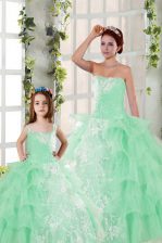  Organza Strapless Sleeveless Lace Up Beading and Ruffled Layers and Ruching Sweet 16 Quinceanera Dress in Apple Green