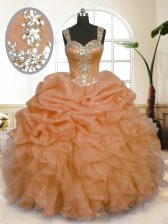  Orange Ball Gowns Organza Straps Sleeveless Beading and Ruffles and Pick Ups Floor Length Zipper Sweet 16 Quinceanera Dress