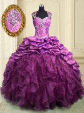  Lilac Sweetheart Neckline Beading and Ruffles and Ruffled Layers and Pick Ups 15th Birthday Dress Cap Sleeves Lace Up