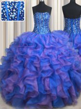 Spectacular Floor Length Blue and Purple 15th Birthday Dress Organza Sleeveless Beading and Ruffles