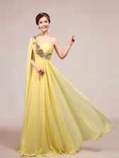 Fantastic One Shoulder With Train Zipper Prom Party Dress Light Yellow for Prom and Party with Appliques and Ruching Sweep Train