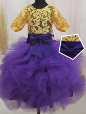 Most Popular Mini Length Eggplant Purple and Gold Child Pageant Dress Scoop Short Sleeves Zipper