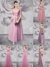  Lilac Lace Up Scoop Lace and Ruching and Bowknot and Belt and Hand Made Flower Prom Gown Tulle Half Sleeves