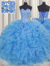  Visible Boning Sleeveless Organza Floor Length Lace Up Sweet 16 Dress in Baby Blue with Beading and Ruffles and Sashes ribbons