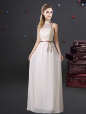 Flare Halter Top Sleeveless Chiffon Court Dresses for Sweet 16 Lace and Belt Lace Up