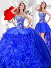 Fashion Three Piece Blue Organza Lace Up Sweetheart Sleeveless Floor Length Sweet 16 Quinceanera Dress Beading and Ruffles