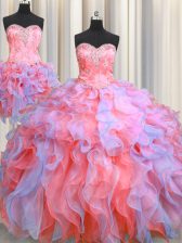 Inexpensive Three Piece Multi-color Organza Lace Up Sweetheart Sleeveless Floor Length Quince Ball Gowns Beading and Appliques and Ruffles
