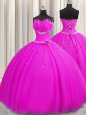  Handcrafted Flower Floor Length Fuchsia 15th Birthday Dress Strapless Sleeveless Lace Up