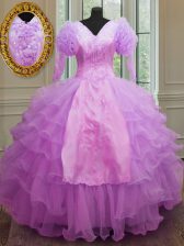  Lilac Ball Gowns Organza V-neck Long Sleeves Ruffled Layers Floor Length Zipper Quinceanera Gown
