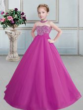 Admirable Fuchsia Halter Top Lace Up Beading Little Girl Pageant Gowns Sleeveless