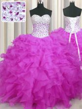  Fuchsia Sweetheart Neckline Beading and Ruffles 15th Birthday Dress Sleeveless Lace Up