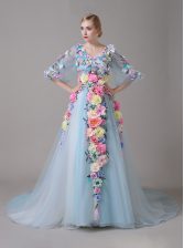 Dynamic Blue A-line V-neck Half Sleeves Organza With Train Court Train Zipper Hand Made Flower Prom Dresses
