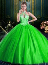 Glittering Quince Ball Gowns Military Ball and Sweet 16 and Quinceanera with Beading Halter Top Sleeveless Lace Up