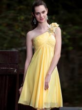 Beauteous One Shoulder Hand Made Flower Prom Party Dress Yellow Zipper Sleeveless Mini Length