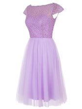  Knee Length Empire Cap Sleeves Lavender Prom Dresses Zipper