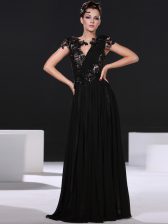 Luxury Column/Sheath Evening Dress Black Scoop Elastic Woven Satin Cap Sleeves Floor Length Backless