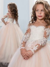 Latest Peach Off The Shoulder Neckline Lace Child Pageant Dress Long Sleeves Criss Cross