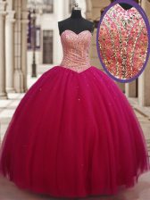  Fuchsia Lace Up Quinceanera Gown Beading Sleeveless Floor Length