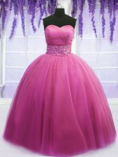Nice Rose Pink Ball Gowns Beading and Belt Sweet 16 Dresses Lace Up Tulle Sleeveless Floor Length