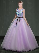  Lavender Sweet 16 Dresses Military Ball and Sweet 16 and Quinceanera with Appliques Scoop Sleeveless Lace Up