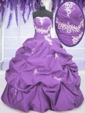 Dramatic Taffeta Strapless Sleeveless Lace Up Appliques and Pick Ups Quince Ball Gowns in Lavender