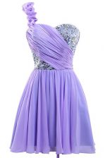 Best Selling One Shoulder Lavender Lace Up Prom Gown Sequins Sleeveless Mini Length