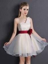  One Shoulder Mini Length Champagne Quinceanera Court of Honor Dress Organza Sleeveless Lace and Hand Made Flower