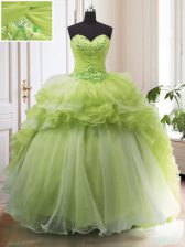  Yellow Green Ball Gowns Sweetheart Sleeveless Organza With Train Sweep Train Lace Up Beading and Ruffled Layers Quinceanera Dresses