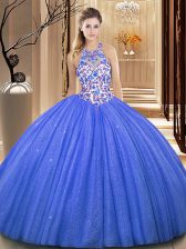Latest High-neck Sleeveless Quince Ball Gowns Floor Length Lace and Appliques Blue Organza