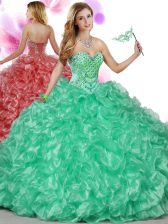  Green Sweetheart Lace Up Beading and Ruffles Quince Ball Gowns Sleeveless