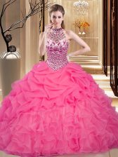  Hot Pink Sweet 16 Quinceanera Dress Military Ball and Sweet 16 and Quinceanera with Beading and Ruffles and Pick Ups Halter Top Sleeveless Lace Up