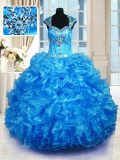  Baby Blue Ball Gowns Beading and Ruffles Vestidos de Quinceanera Lace Up Organza Cap Sleeves Floor Length