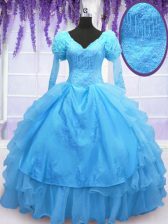 Artistic Long Sleeves Beading and Embroidery and Hand Made Flower Lace Up 15th Birthday Dress