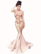 Stylish Mermaid Scoop Sleeveless Brush Train Zipper Dress for Prom Peach Satin