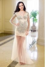 Popular Peach Evening Dress Prom and Party with Beading V-neck Long Sleeves Zipper