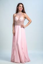 Delicate Halter Top Baby Pink Sleeveless Chiffon Criss Cross Prom Gown for Prom and Party