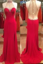 Custom Designed Red Mermaid Satin Halter Top Sleeveless Beading Floor Length Zipper Prom Party Dress