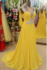 Pretty Scoop Yellow Sleeveless Organza Brush Train Backless Dress for Prom for Prom and Party