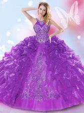  Ruffled Ball Gowns Vestidos de Quinceanera Purple Halter Top Organza Sleeveless Floor Length Lace Up