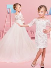 Customized Off the Shoulder Half Sleeves Lace Lace Up Flower Girl Dresses for Less