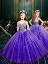  Sequins Floor Length Purple Kids Formal Wear Spaghetti Straps Sleeveless Lace Up