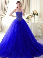 Modern Tulle Sweetheart Sleeveless Brush Train Lace Up Beading Quinceanera Dresses in Royal Blue