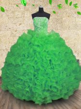  Green Sweet 16 Dress Military Ball and Sweet 16 and Quinceanera with Beading and Ruffles Strapless Sleeveless Lace Up