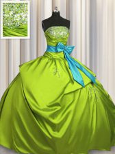 Dazzling Olive Green Taffeta Lace Up Sweet 16 Dress Sleeveless Floor Length Beading and Ruching and Bowknot