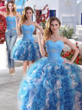 Charming Three Piece Ball Gowns 15th Birthday Dress Blue And White Sweetheart Organza Sleeveless Floor Length Lace Up