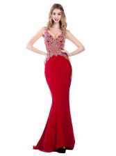  Mermaid Red Prom Dresses Prom and Party with Beading V-neck Sleeveless Brush Train Backless