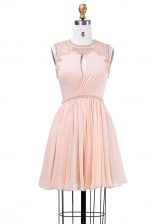  Scoop Sleeveless Mini Length Beading and Pleated Zipper Evening Dress with Peach
