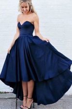  High Low Zipper Homecoming Dress Navy Blue for Prom with Pleated